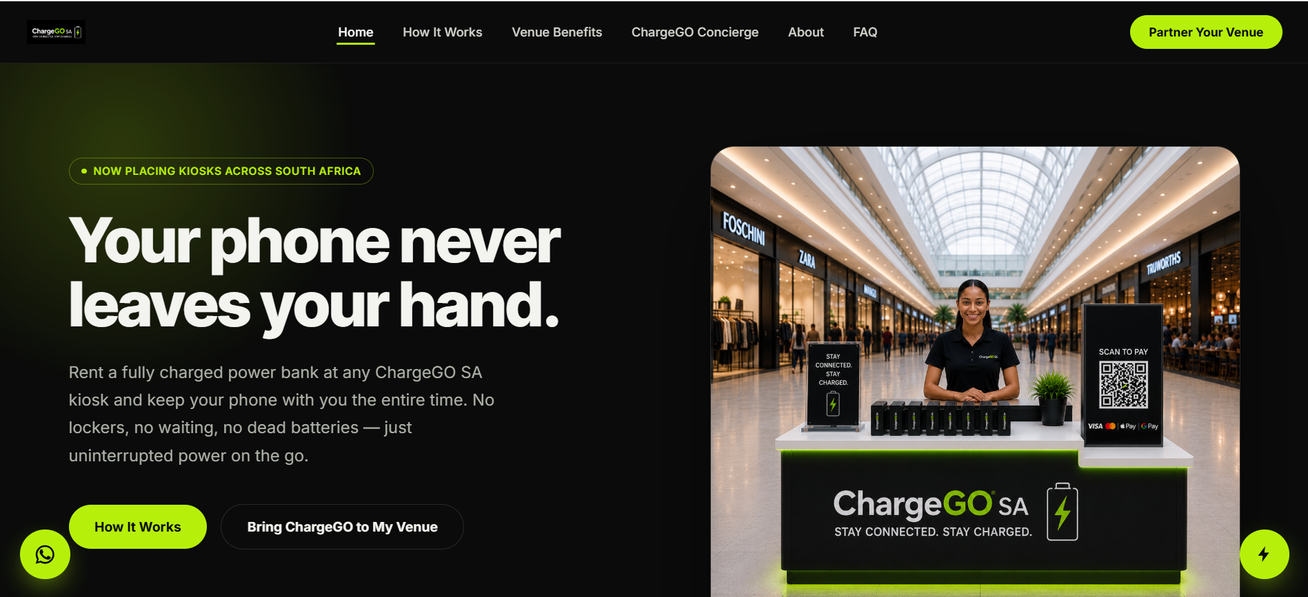 ChargeGO SA website homepage — portable power-bank rental kiosks, designed by SAGE