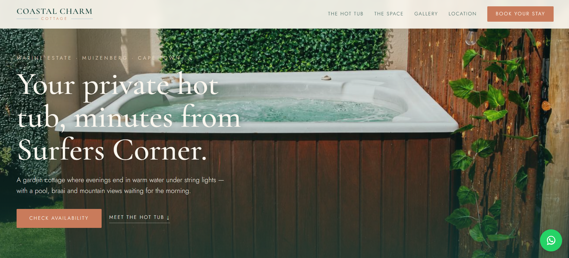 Coastal Charm Cottage website homepage designed by SAGE — a boutique seaside stay in Muizenberg, Cape Town